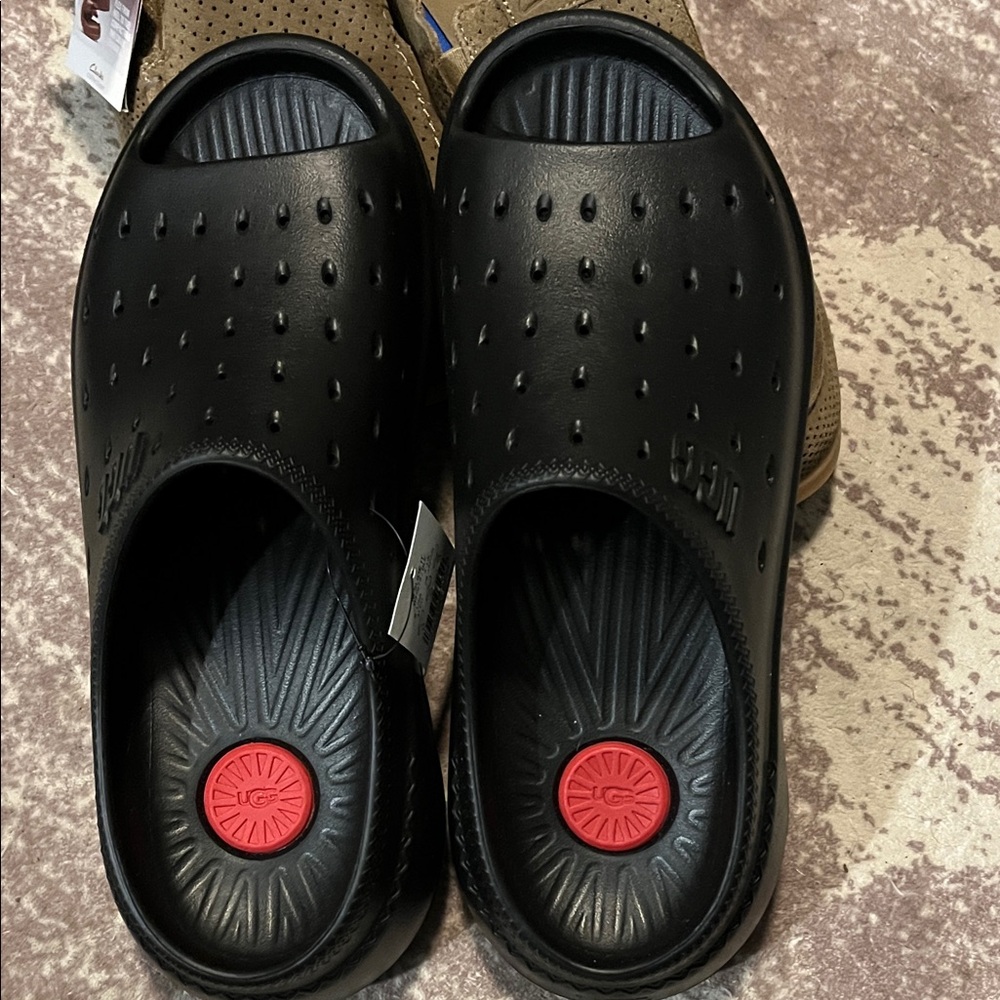 UGG Black Slide Sandals with Red Accent